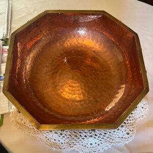 Vintage Hammered Copper Bowl - Octagonal Bowl with Riveted Brass Trim